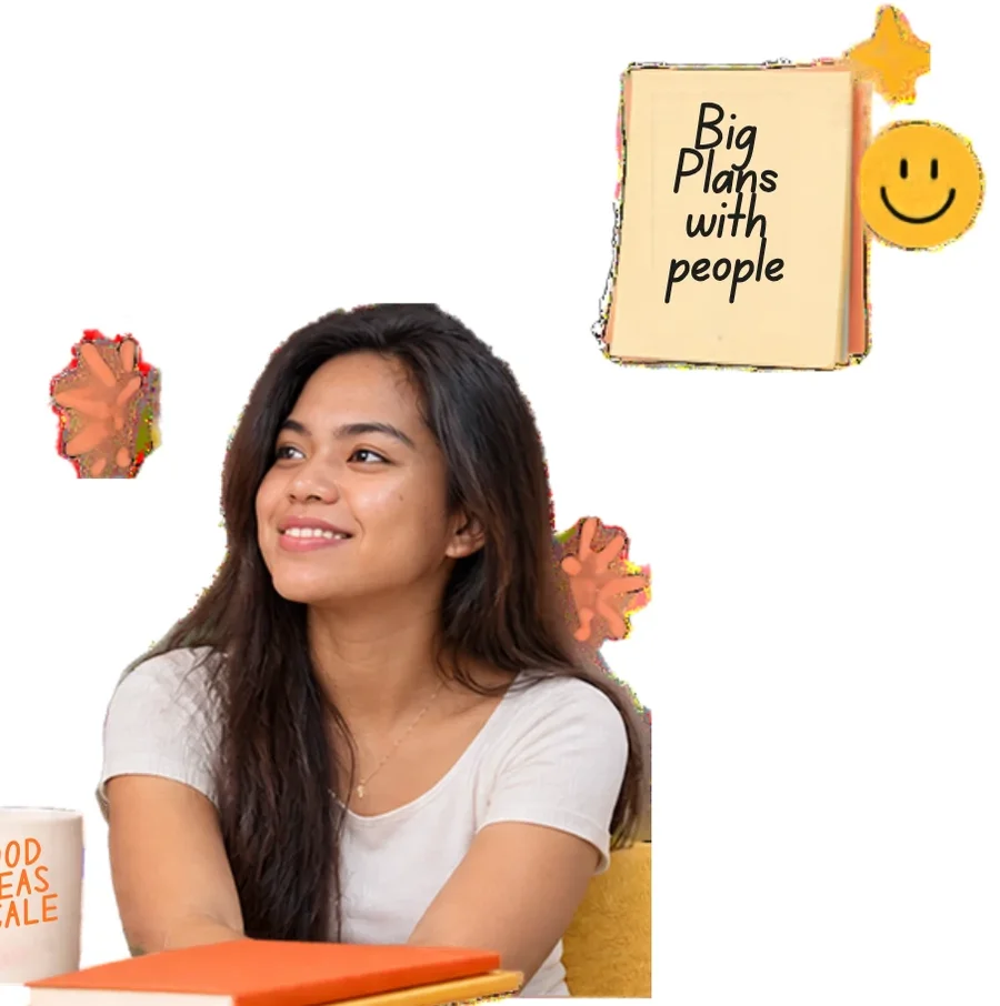 A founder smiling and looking up, beside a note that says Big Plans with people