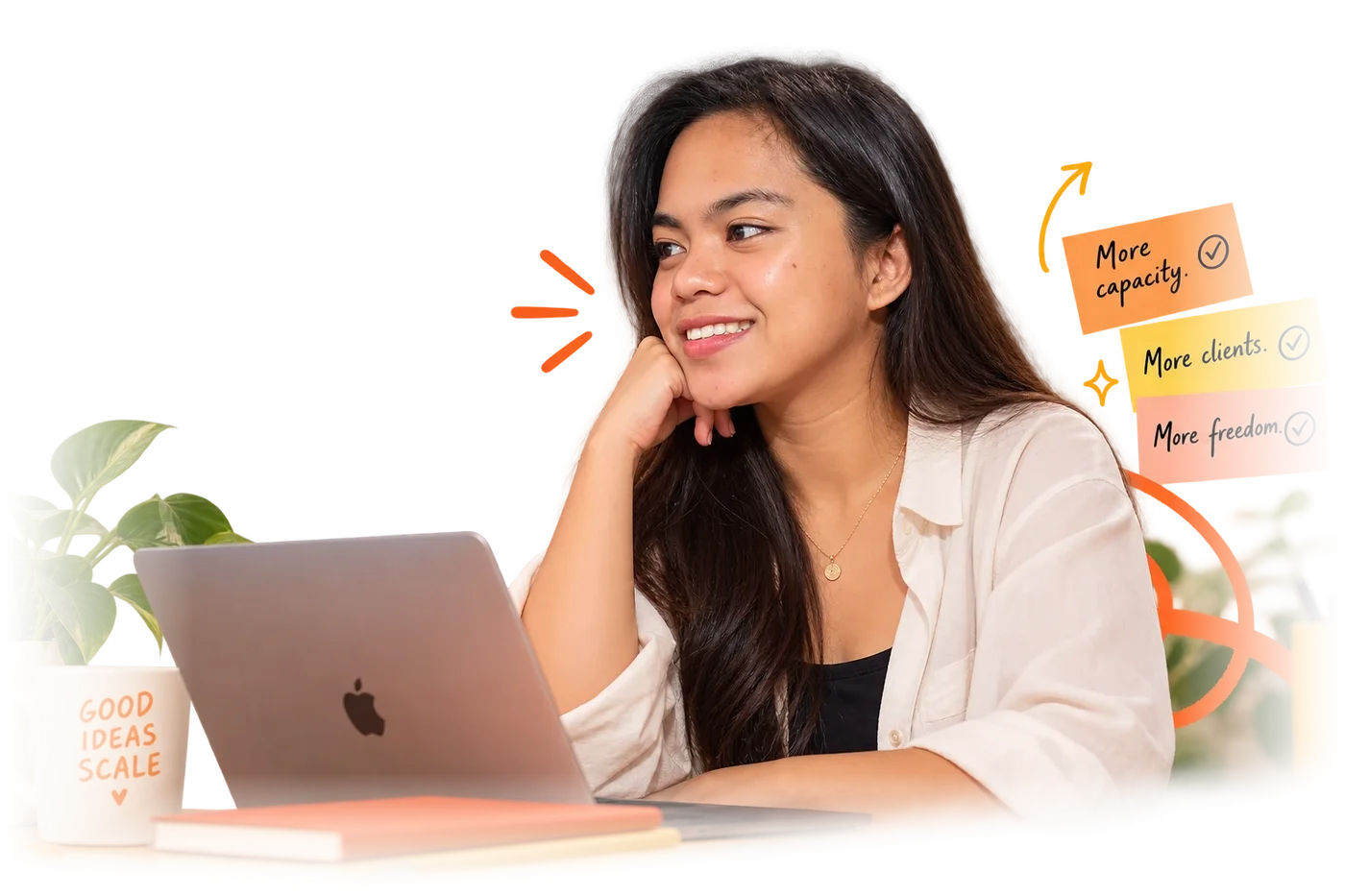 A smiling founder resting her chin on her hand at a laptop, next to a mug that reads Good Ideas Scale