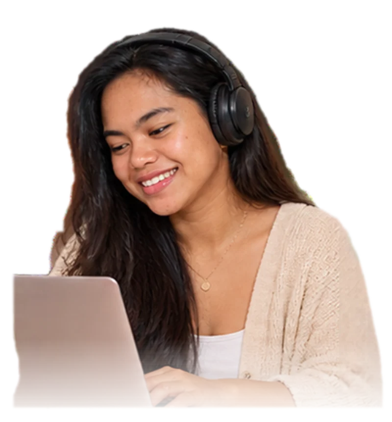 A smiling virtual assistant wearing headphones, working on a laptop